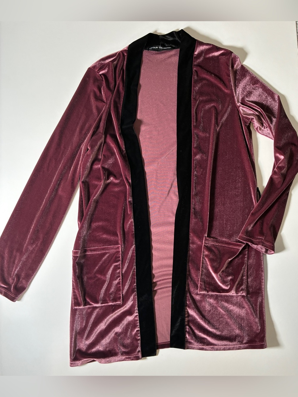 Latolia Collection Dusty Mauve Open Front Duster Cardigan Black Velvet Trim - Picture 1 of 6